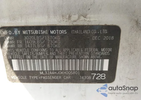 2019 Mitsubishi Mirage Se z USA, uszkodzony, nr VIN ML32A4HJ0KH005801